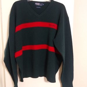 Classic Polo Ralph Lauren V-Neck Green and Red Lambswool Sweater